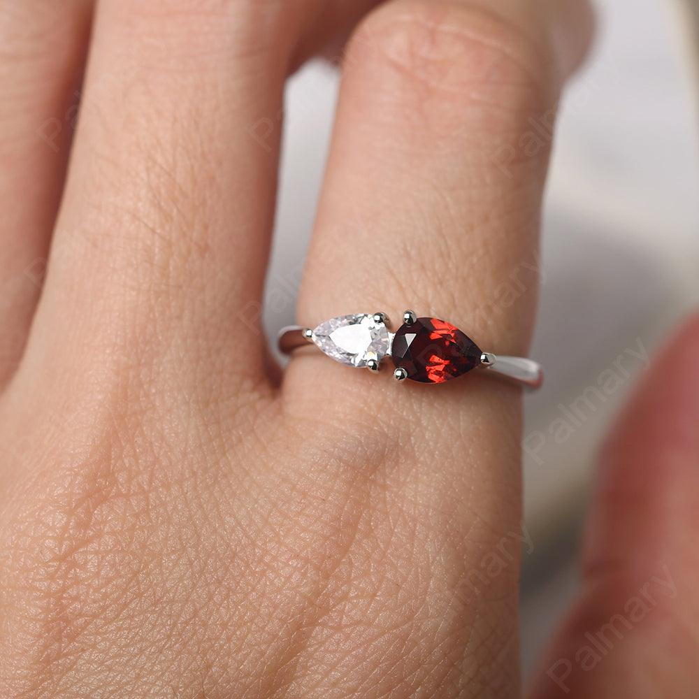 East West Pear Shaped Cubic Zirconia And Garnet Two Stone Ring - Palmary