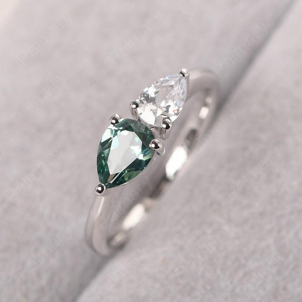 East West Pear Shaped Cubic Zirconia And Green Sapphire Two Stone Ring - Palmary