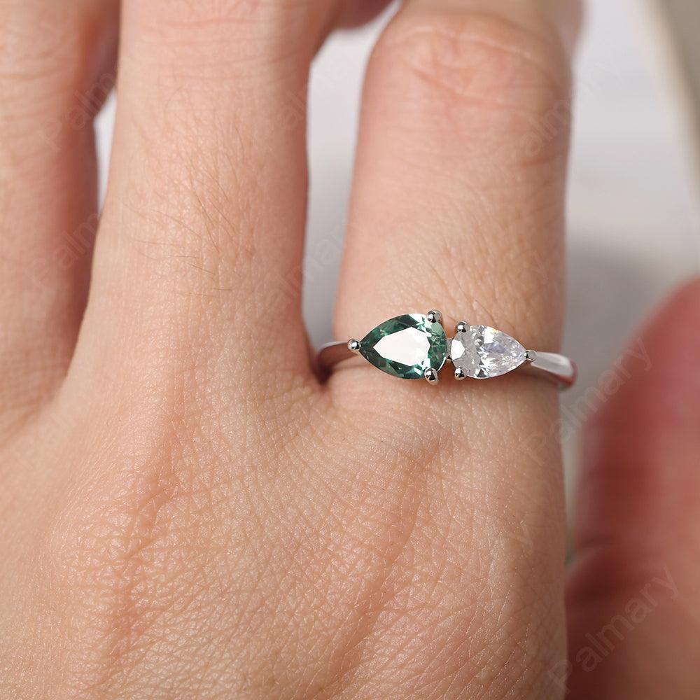 East West Pear Shaped Cubic Zirconia And Green Sapphire Two Stone Ring - Palmary