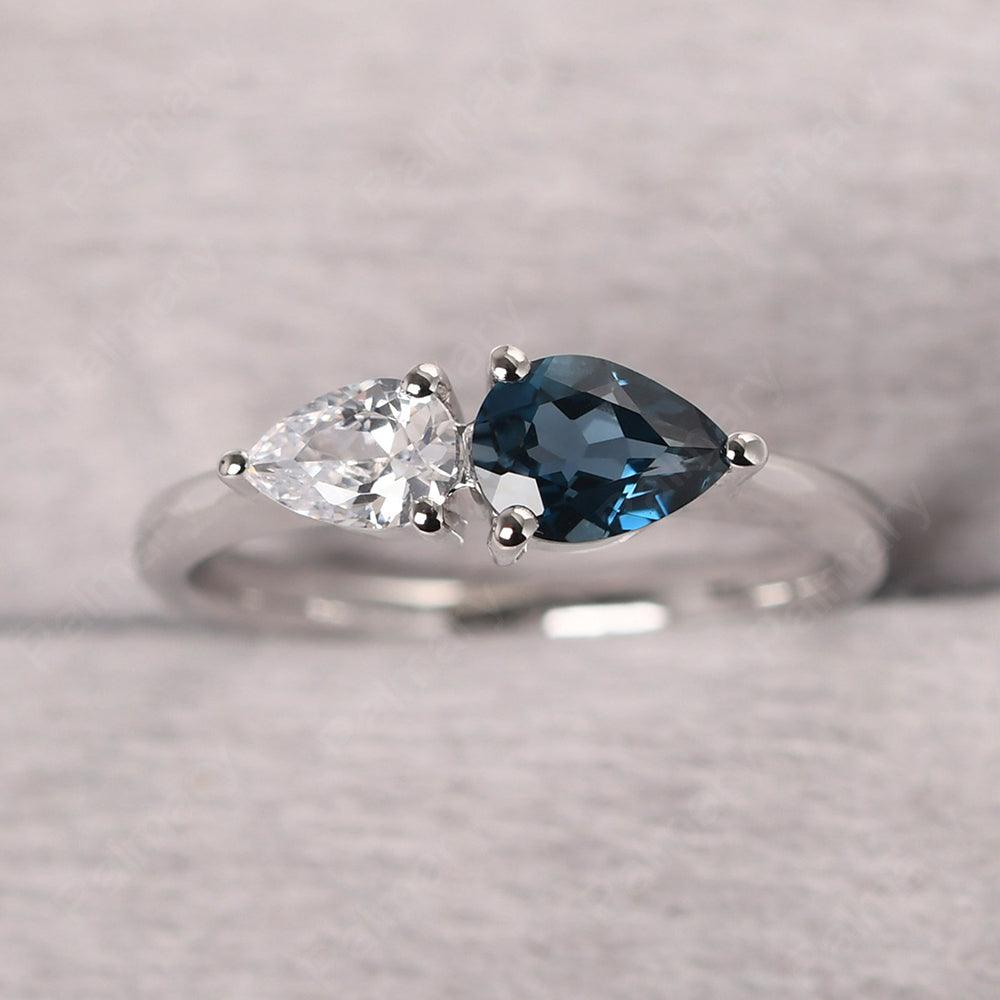 East West Pear Shaped Cubic Zirconia And London Blue Topaz Two Stone Ring - Palmary