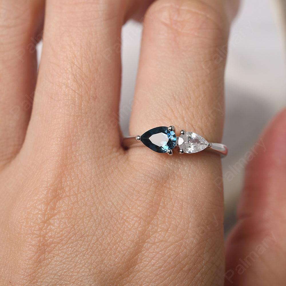 East West Pear Shaped Cubic Zirconia And London Blue Topaz Two Stone Ring - Palmary