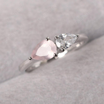 East West Pear Shaped Cubic Zirconia And Rose Quartz Two Stone Ring - Palmary