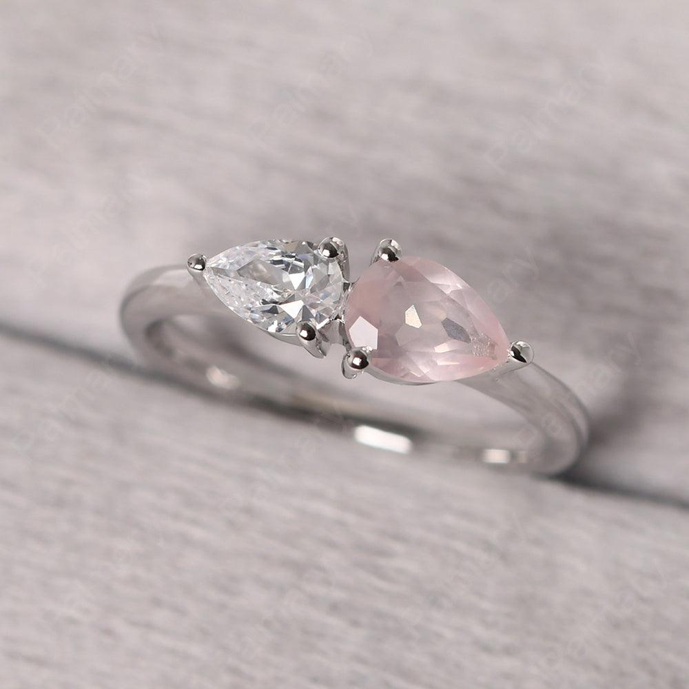East West Pear Shaped Cubic Zirconia And Rose Quartz Two Stone Ring - Palmary