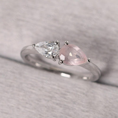 East West Pear Shaped Cubic Zirconia And Rose Quartz Two Stone Ring - Palmary