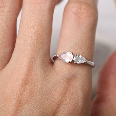 East West Pear Shaped Cubic Zirconia And Rose Quartz Two Stone Ring - Palmary