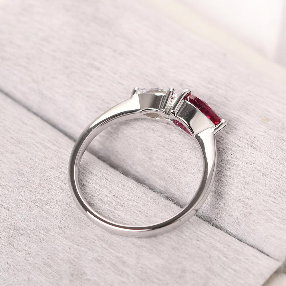 East West Pear Shaped Cubic Zirconia And Ruby Two Stone Ring - Palmary