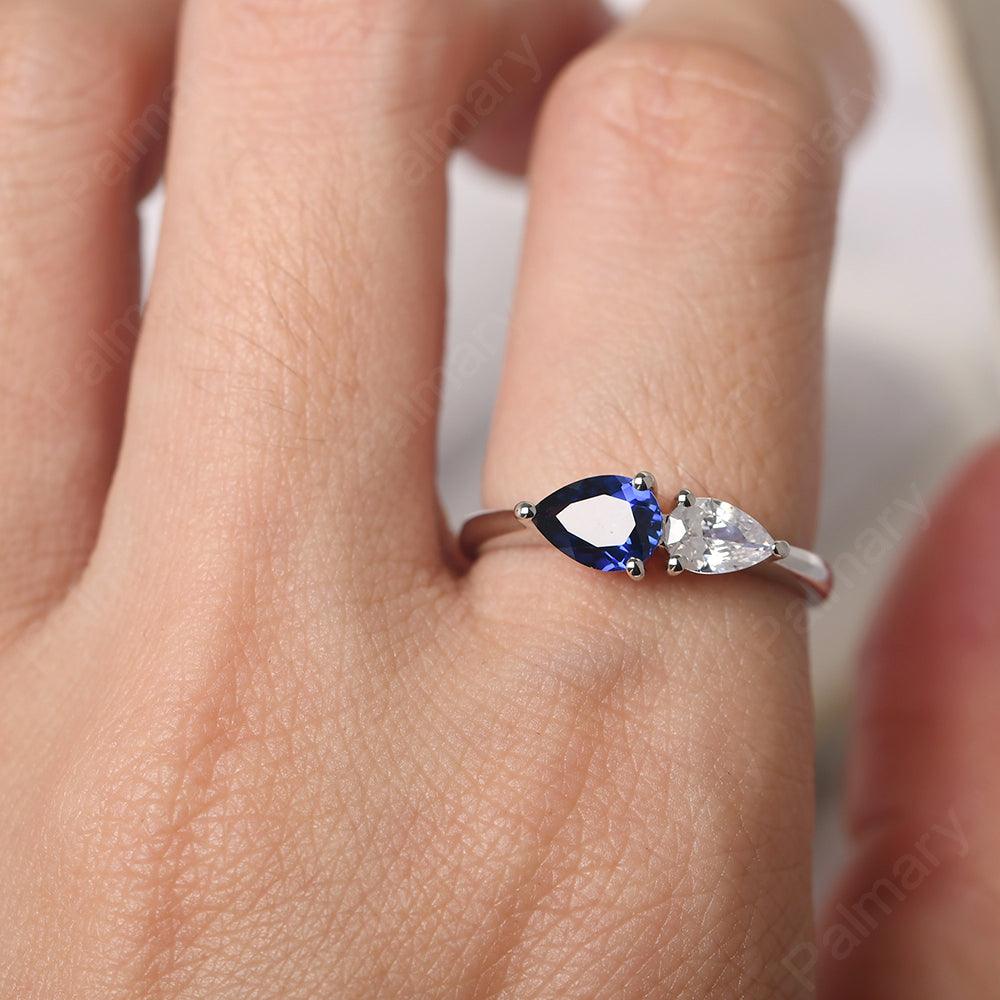 East West Pear Shaped Cubic Zirconia And Sapphire Two Stone Ring - Palmary
