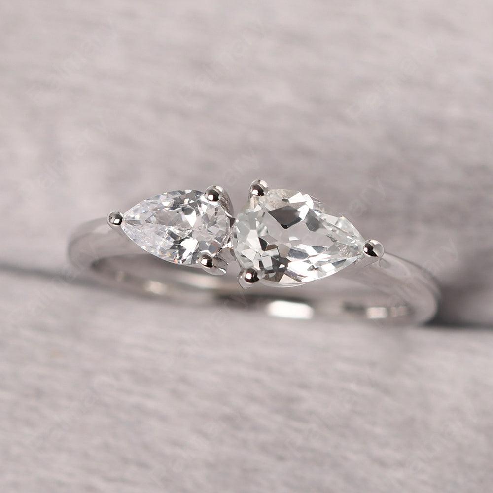 East West Pear Shaped Cubic Zirconia And White Topaz Two Stone Ring - Palmary