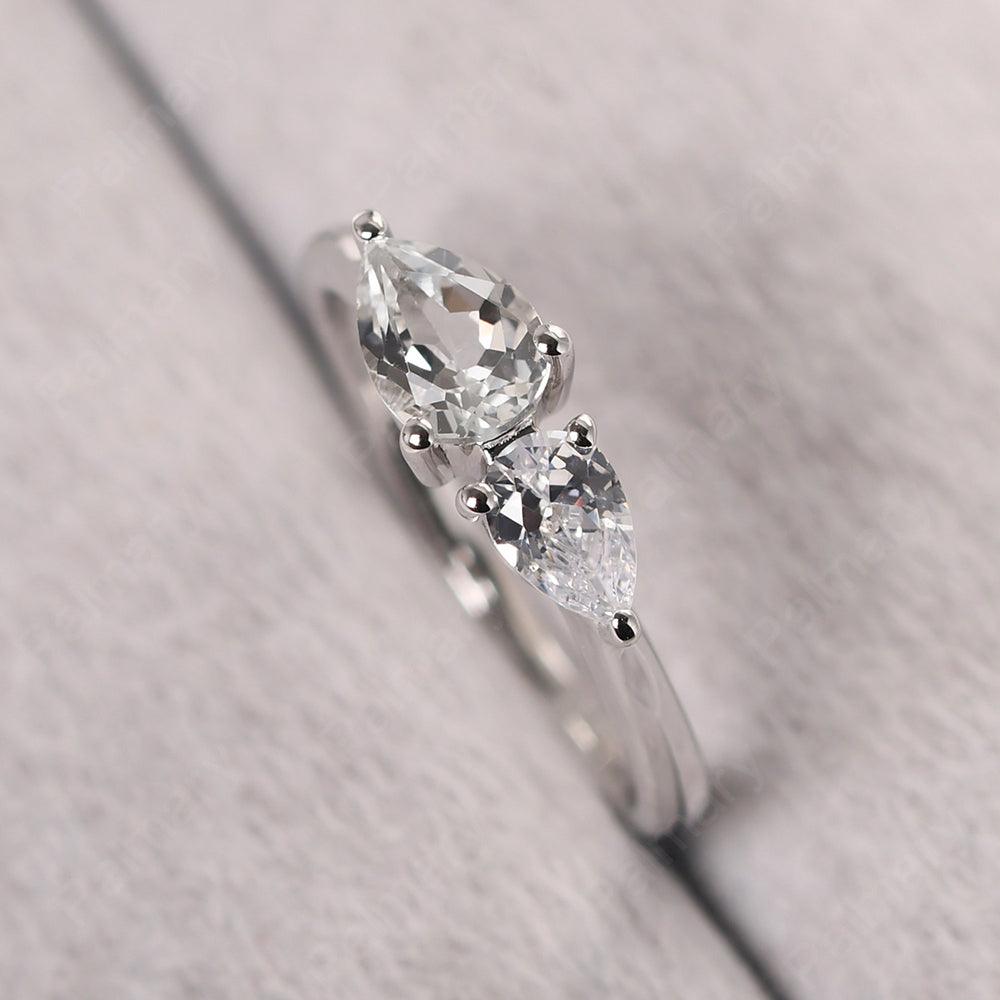 East West Pear Shaped Cubic Zirconia And White Topaz Two Stone Ring - Palmary