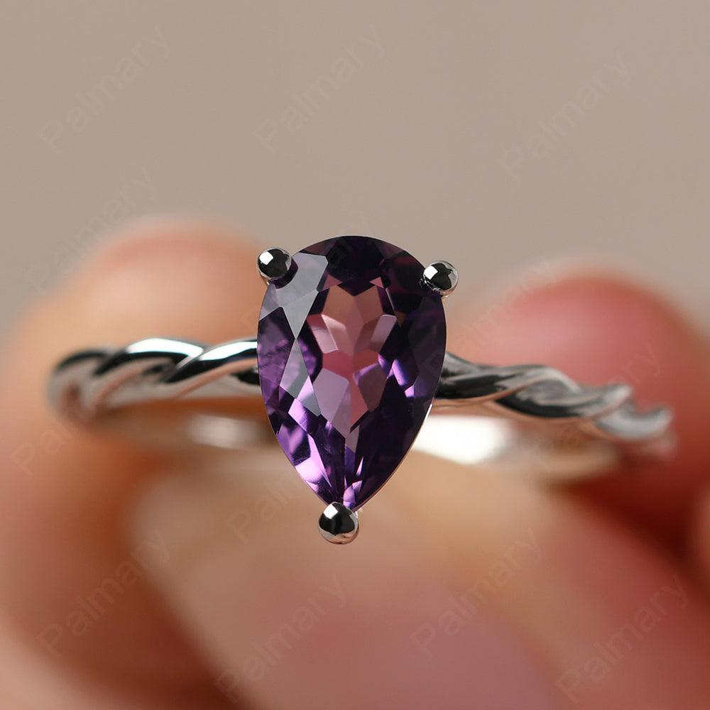 Twist Pear Shaped Amethyst Solitaire Ring - Palmary