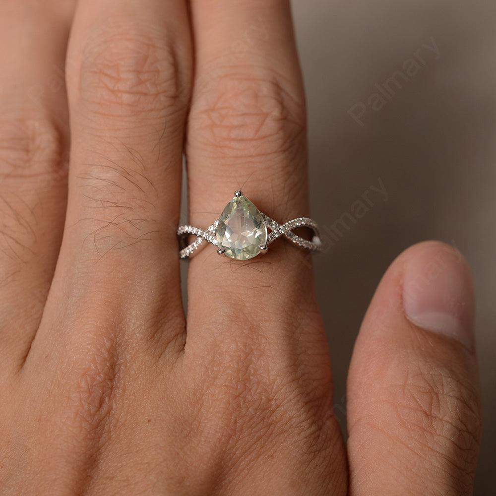 Twisted Band Pear Shaped Green Amethyst Rings - Palmary