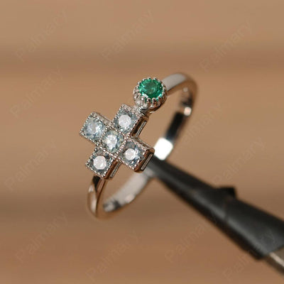 6 Stone Aquamarine And Emerald Cross Rings - Palmary