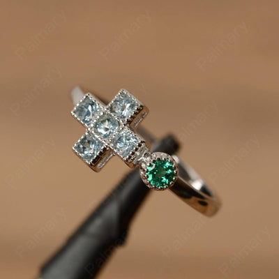 6 Stone Aquamarine And Emerald Cross Rings - Palmary