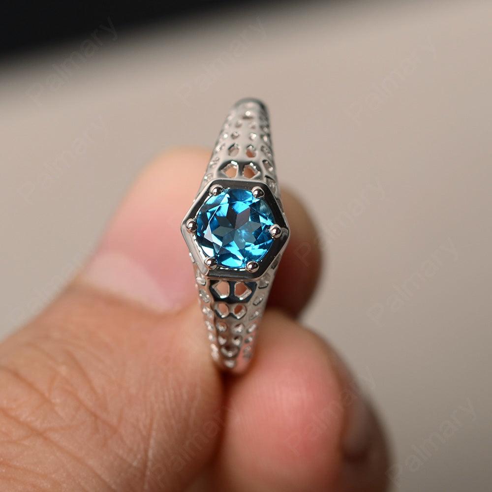 Vintage London Blue Topaz Hollow-out Ring - Palmary