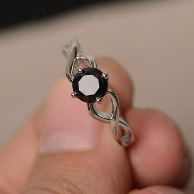 Round Cut Black Spinel Solitaire Ring Sterling Silver - Palmary