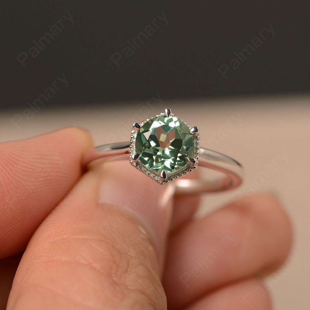 Hexagon Green Amethyst Solitaire Rings - Palmary