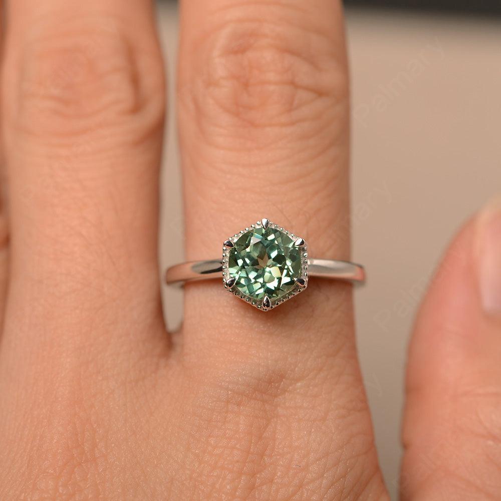Hexagon Green Amethyst Solitaire Rings - Palmary