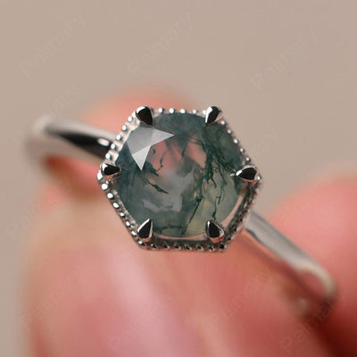 Hexagon Moss Agate Solitaire Rings - Palmary