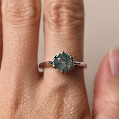 Hexagon Moss Agate Solitaire Rings - Palmary