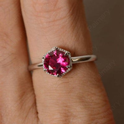 Hexagon Ruby Solitaire Rings - Palmary
