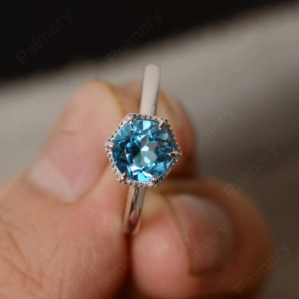 Hexagon Swiss Blue Topaz Solitaire Rings - Palmary