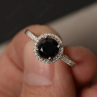 Round Cut Black Spinel Halo Wedding Rings - Palmary