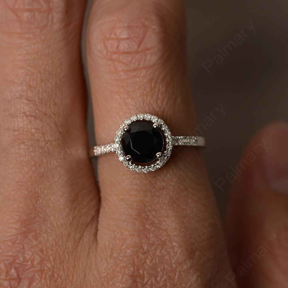 Round Cut Black Spinel Halo Wedding Rings - Palmary