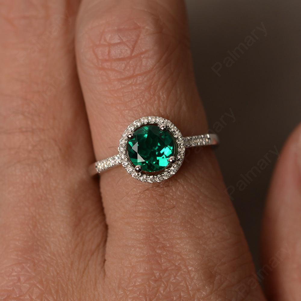 Round Cut Emerald Halo Wedding Rings - Palmary