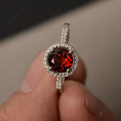 Round Cut Garnet Halo Wedding Rings - Palmary