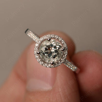 Round Cut Green Amethyst Halo Wedding Rings - Palmary