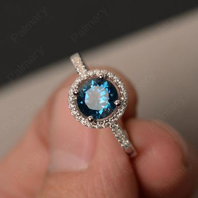 Round Cut London Blue Topaz Halo Wedding Rings - Palmary