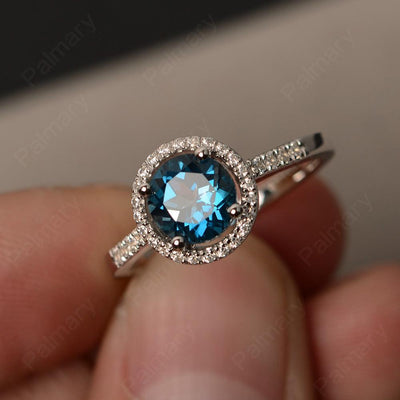 Round Cut London Blue Topaz Halo Wedding Rings - Palmary