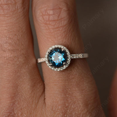 Round Cut London Blue Topaz Halo Wedding Rings - Palmary