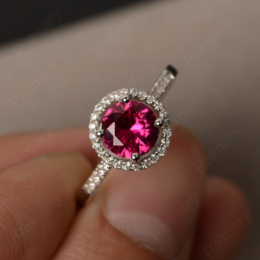 Round Cut Ruby Halo Wedding Rings - Palmary