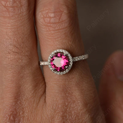 Round Cut Ruby Halo Wedding Rings - Palmary