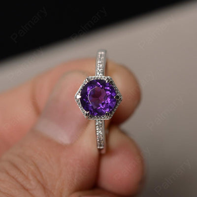 Hexagon Round Cut Amethyst Promise Rings - Palmary
