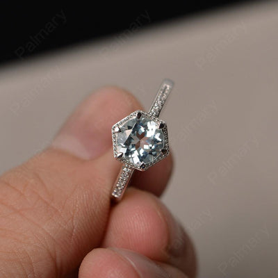 Hexagon Round Cut Aquamarine Promise Rings - Palmary