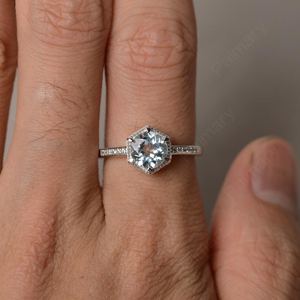 Hexagon Round Cut Aquamarine Promise Rings - Palmary