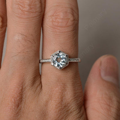 Hexagon Round Cut Aquamarine Promise Rings - Palmary
