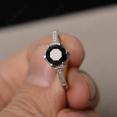 Hexagon Round Cut Black Spinel Promise Rings - Palmary