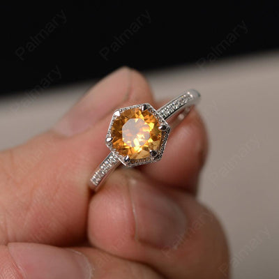 Hexagon Round Cut Citrine Promise Rings - Palmary