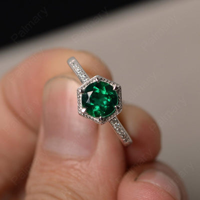Hexagon Round Cut Emerald Promise Rings - Palmary