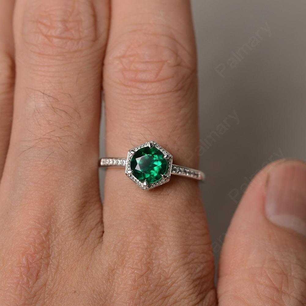 Hexagon Round Cut Emerald Promise Rings - Palmary