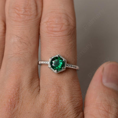 Hexagon Round Cut Emerald Promise Rings - Palmary