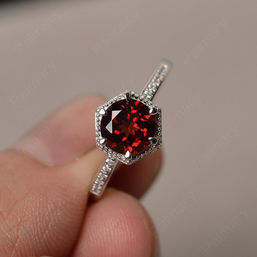 Hexagon Round Cut Garnet Promise Rings - Palmary