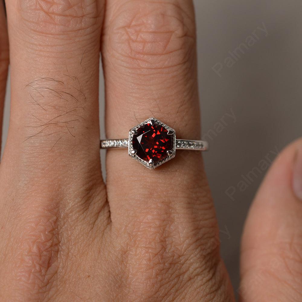 Hexagon Round Cut Garnet Promise Rings - Palmary