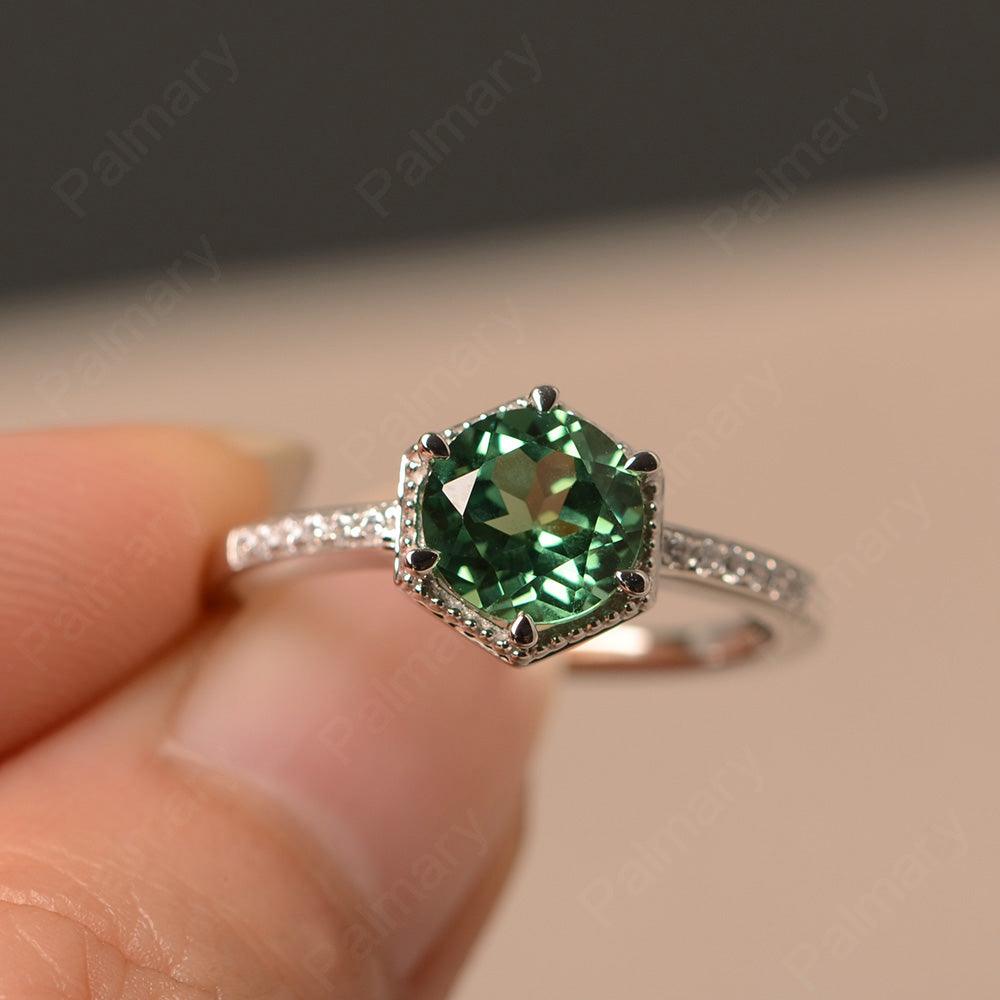 Hexagon Round Cut Green Sapphire Promise Rings - Palmary