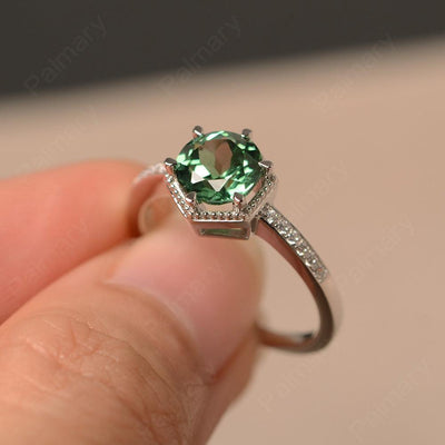 Hexagon Round Cut Green Sapphire Promise Rings - Palmary