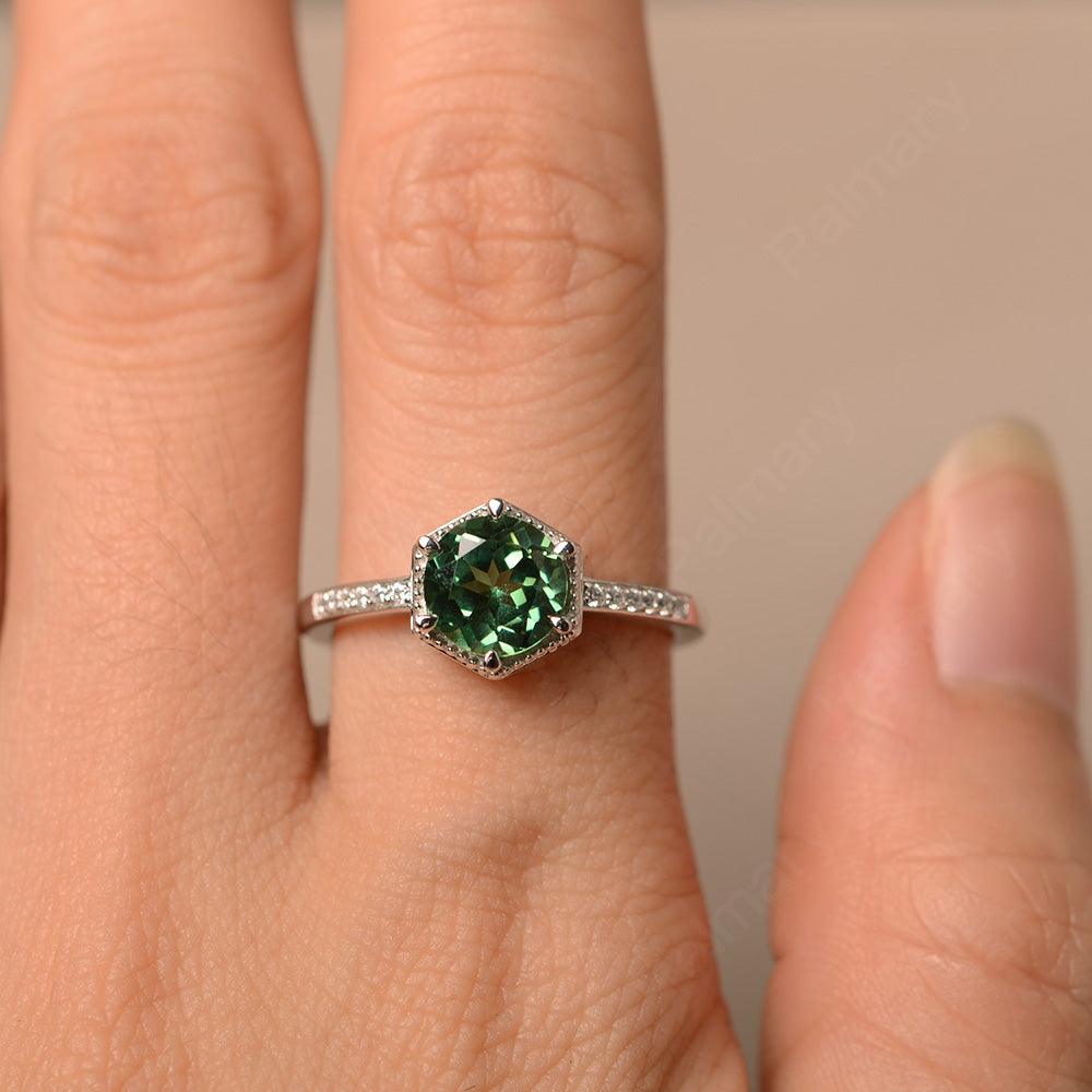 Hexagon Round Cut Green Sapphire Promise Rings - Palmary