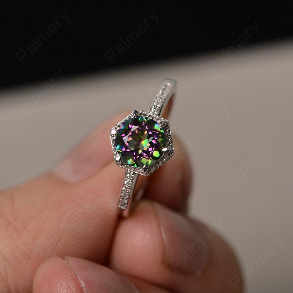 Hexagon Round Cut Mystic Topaz Promise Rings - Palmary